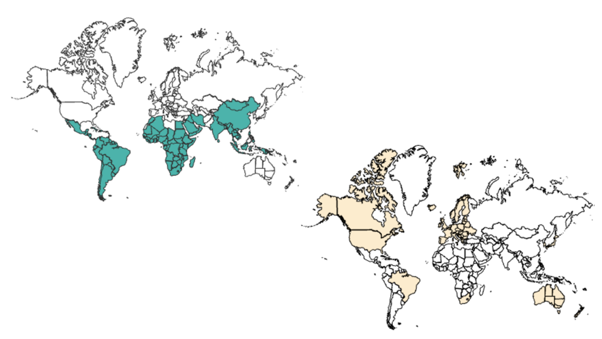 Dual world maps — teal countries have endemic hookworm and low IBD rates; beige countries have high IBD prevalence